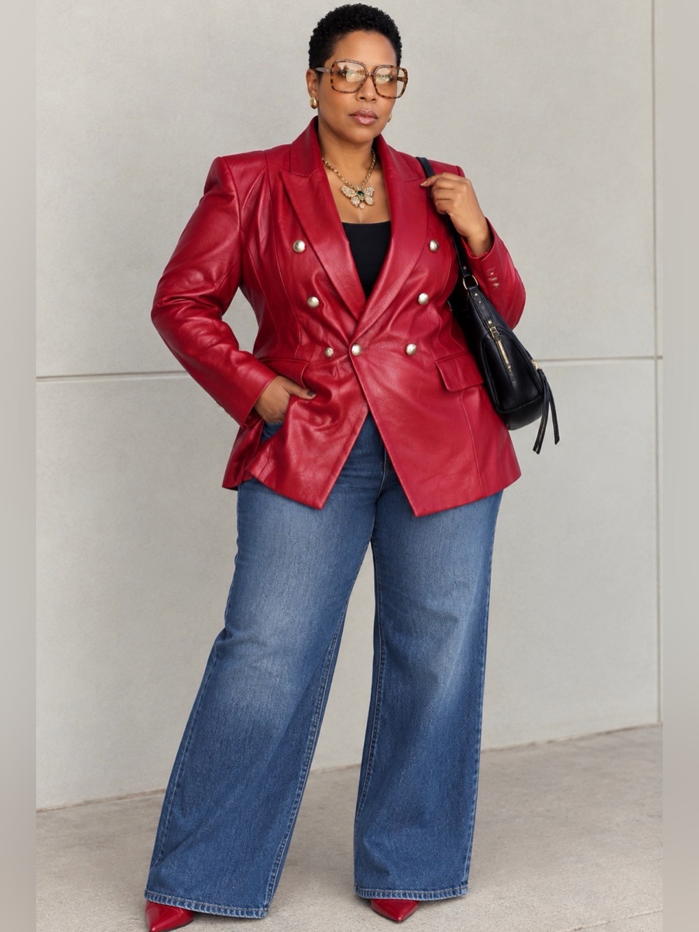 ELOQUII Women's Red Double-Breasted Faux Leather Blazer